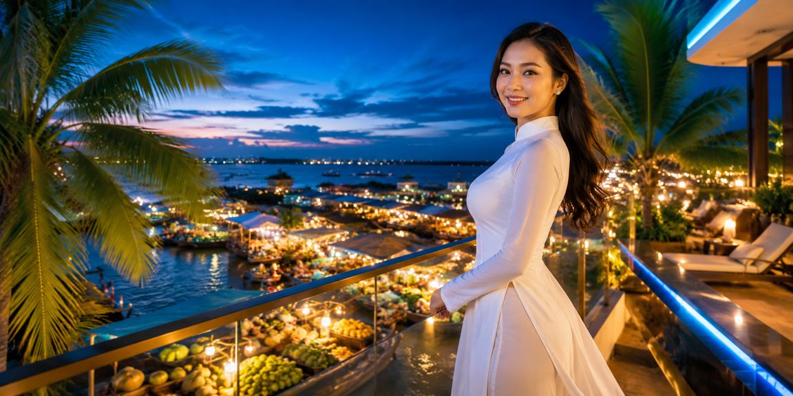 Người chơi cá cược trực tuyến vùng sông Mekong trong trang phục áo dài truyền thống